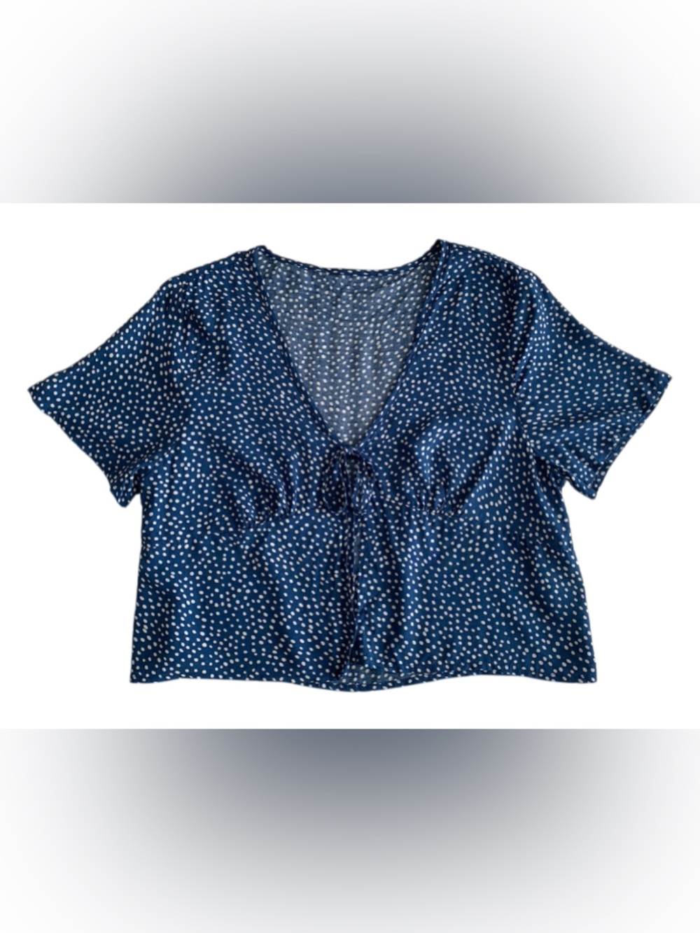 ROMWE Blue Polka Dot Tie Front Crop Top Large L 8 10 V-Neck Short Sleeve Blouse